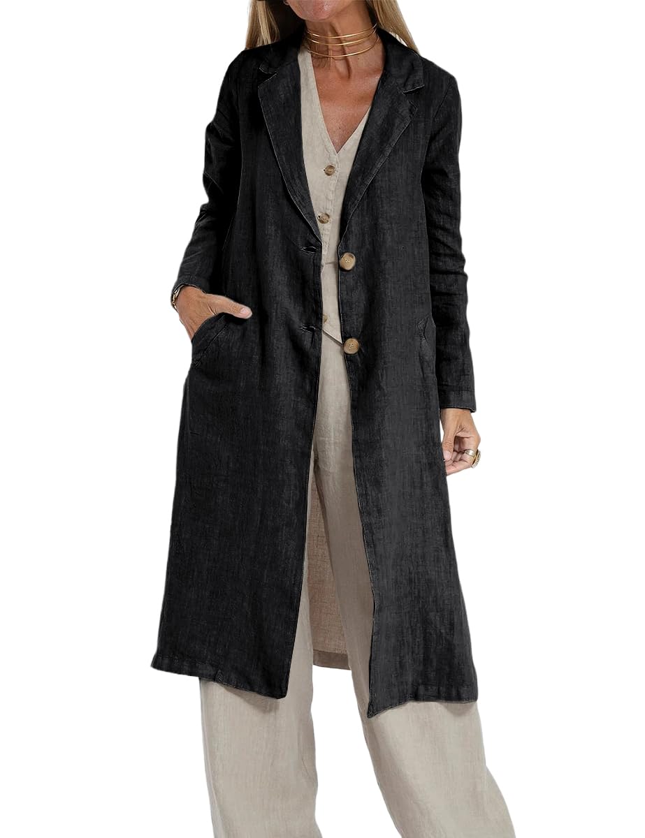 IDEALSANXUN Womens Long Linen Blazer Jackets Casual Lightweight Trench Coat