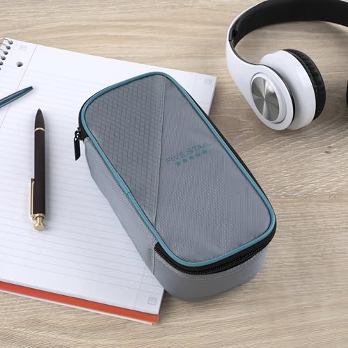 Image of Five Star Pencil Pouch Zipper High-Capacity Storage Organizer Case for Office Supplies Earbuds Chargers Cables Makeup, Grey /Teal (500212B)