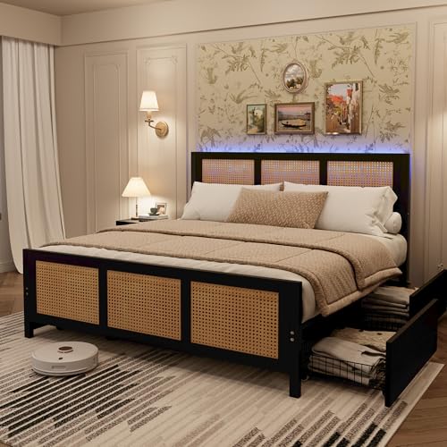 Garvee Rattan Queen Bed Frame with 4 Storage Drawers, Boho Cane Bed Frame with LED Headboard (7 Colors), Strong Metal Slats Support, Noise Free, No Box Spring Needed, Easy Assembly, Black Bl