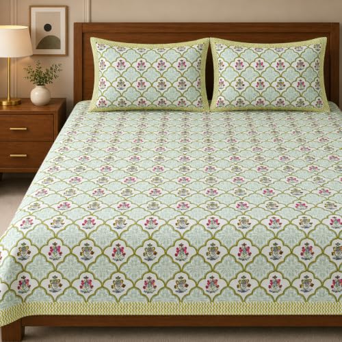 Image of ElanorHomes 240 TC Cotton Double King Size Bedsheet | Ultra-Soft & Skin-Safe | Breathable Summer Comfort | 93x108 inches with 2 Pillow Covers (Green Blossom)