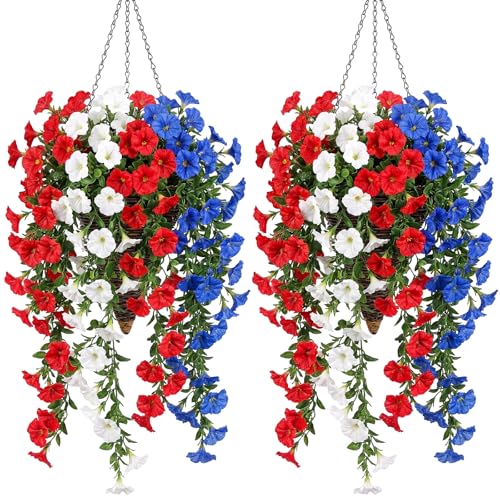 Riceshoot 12 Pcs 4th of July Red White Blue Artificial Hanging Flowers Outdoor