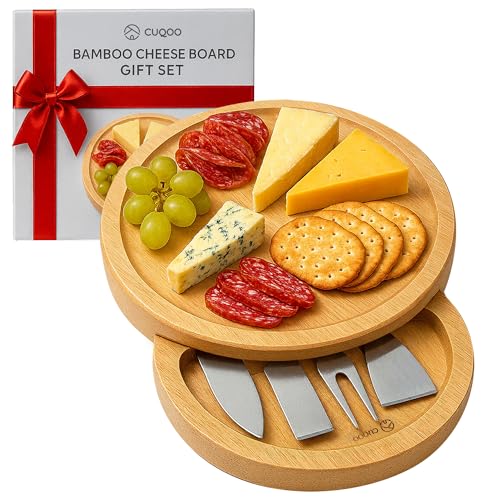 CUQOO Plateau à Fromage Rond en Bois avec Compartiment à Couteaux – 3 Couteaux et 1 Fourchette en Acier Inoxydable – Idéal pour Fromage, Fruits et Viande
