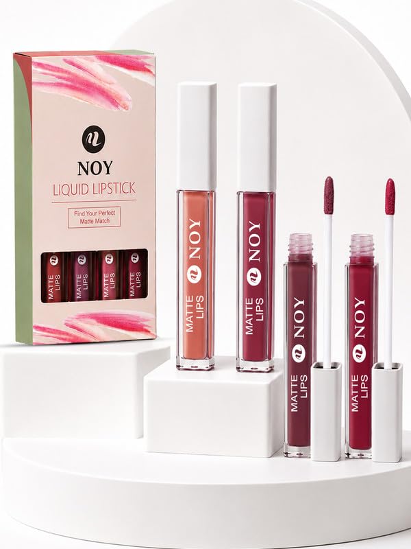 Image of Noy Lipstick Matte Waterproof Bold Matte Shades for a Flawless Statement - Creamy Nude, Mauve Nude, Dark Maroon, Red Wine Shades Pack of 4