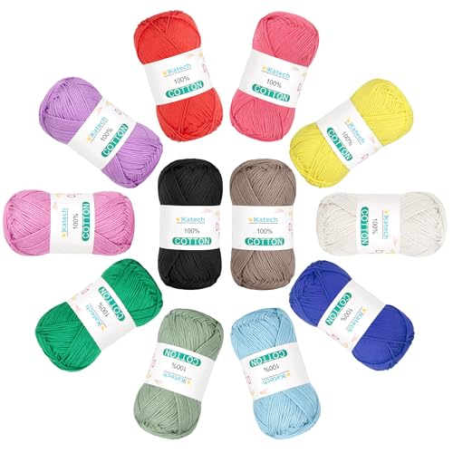Katech 1OO% Cotton Yarn for Crocheting & Knitting–12-Color of 137 Yards/1.76 oz Baby Cotton Yarn Sport Weight CYC #2-Soft & Breathable-Ideal for Dishcloths, Baby Clothes, Potholders(B)