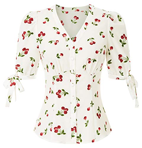 Ropa de los años 50 para Mujer Cerezas de Manga Corta Camisas Estampadas Blusas Marfil BPS02126-1_S