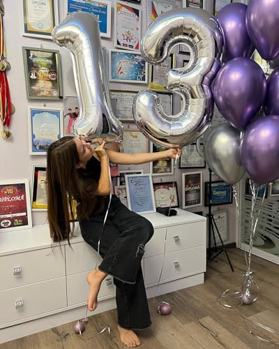 Image of Silver Number 13 Balloon 40 inch, 13 Number Balloons, 13th Silver Birthday Decorations, 13 Year Old Silver Party Supplies