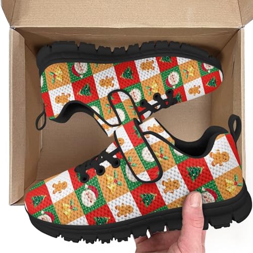 Christmas Square Pattern Kids Shoes Running Shoes Girls Boys Primary School Students Sports Shoes Spring and Autumn Casual Shoes（Black Sole）2