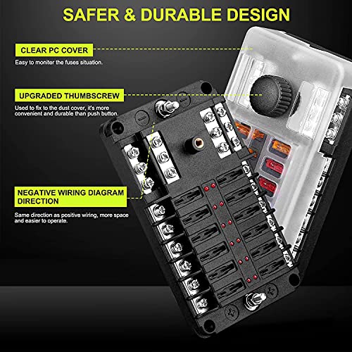 Extractme Upgraded 12 Way Fuse Block Box With Thumbscrew And Led Indicator, 12 Circuit Blade Fuse Box Holder W/Negative Bus Damp-Proof Cover Label Sticker For 12V/24V Auto Car Rv Marine Boat And Yacht #TOP2