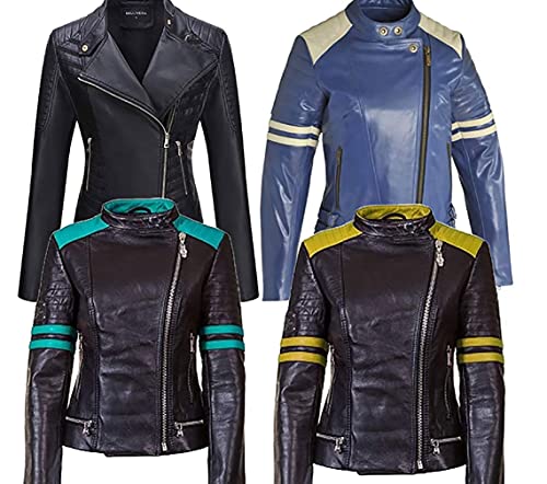 Veste de moto en cuir véritable pour femme - Bleu - X-Large