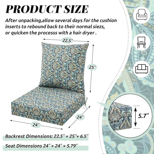 Patelai 2 Set Outdoor Deep Seat Cushions 24x24, 6 Inch Thick Replacement Patio Furniture Cushions with Backs, Washable Cover UV Waterproof & Fade Resistant Chair Pads for Wicker (Blue Paisley) — view 2