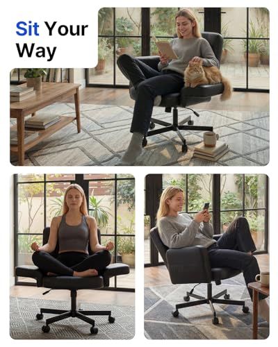 Image of HUANUO Criss Cross Chair with 6-Point Adjustable Armrests, Pet-Friendly Criss Cross Office Chair, Comfortable Cross Leg Chair with Wide Seat, Durable PU Leather, Side Storage Pocket, Easy Assembly