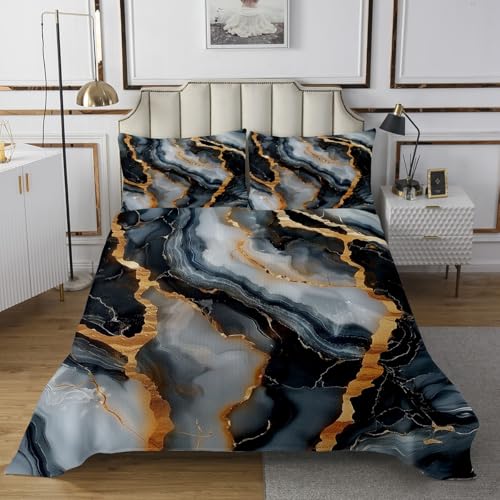 Abstract Stone Texture Artwork Bedspread Queen Size Bedding for Teens Living Room Marbling Decor Coverlet Set Golden Marble Modern Fashion Quilt Set for All Season,3 Pcs with 2 Pillowcases