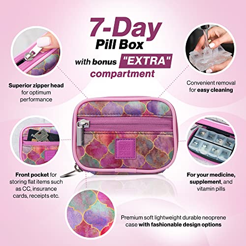 Image of Made Easy Kit Pill Case - Weekly Medicine Organizer with Removable Seven-Day Vitamin & Supplement Box - Premium Neoprene for Travel Purse Accessory (Purple Stained Glass)