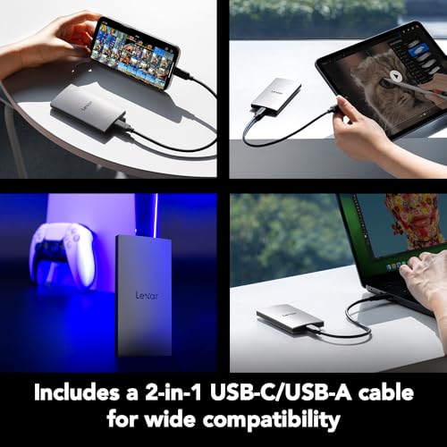 Lexar 2TB ES3 External SSD, Up to 1050MB/s Read, Storage Expansion, Compatible w/USB-C Smartphones, iPhone 15/16, PC, Mac, Tablets, Sleek & Sturdy Design, Silver (LES3XXX002T-RNSAU)