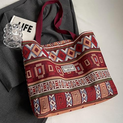Image of Women Bohemian Canvas Tote Bag - Burgundy Ethnic Geometric Print Large Capacity Shoulder Handbag, Stylish Shopping Tote for Office, College, Travel & Daily Use