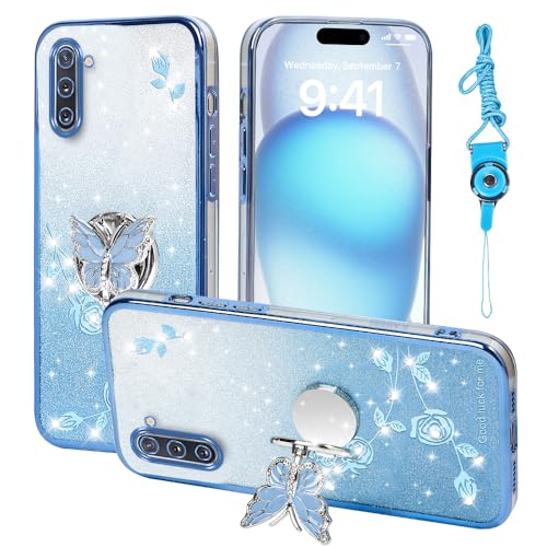 RTYQXK for Samsung Galaxy Note 10 Phone Case,for Note10 Mobile Phone Case for Women and Girl, Glitter Butterfly Floral TPU Protective Cover with Kickstand+Strap for Samsung Note 10 (Blue)