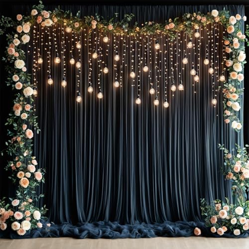 Image of 60ftx12ft Wrinkle Free Black Backdrop Curtains for Parties, Silky Polyester 12 Panels 12 ft Long Black Photo Backdrop Drapes Back Drop Cloth for Wedding Birthday Graduation Photography Background
