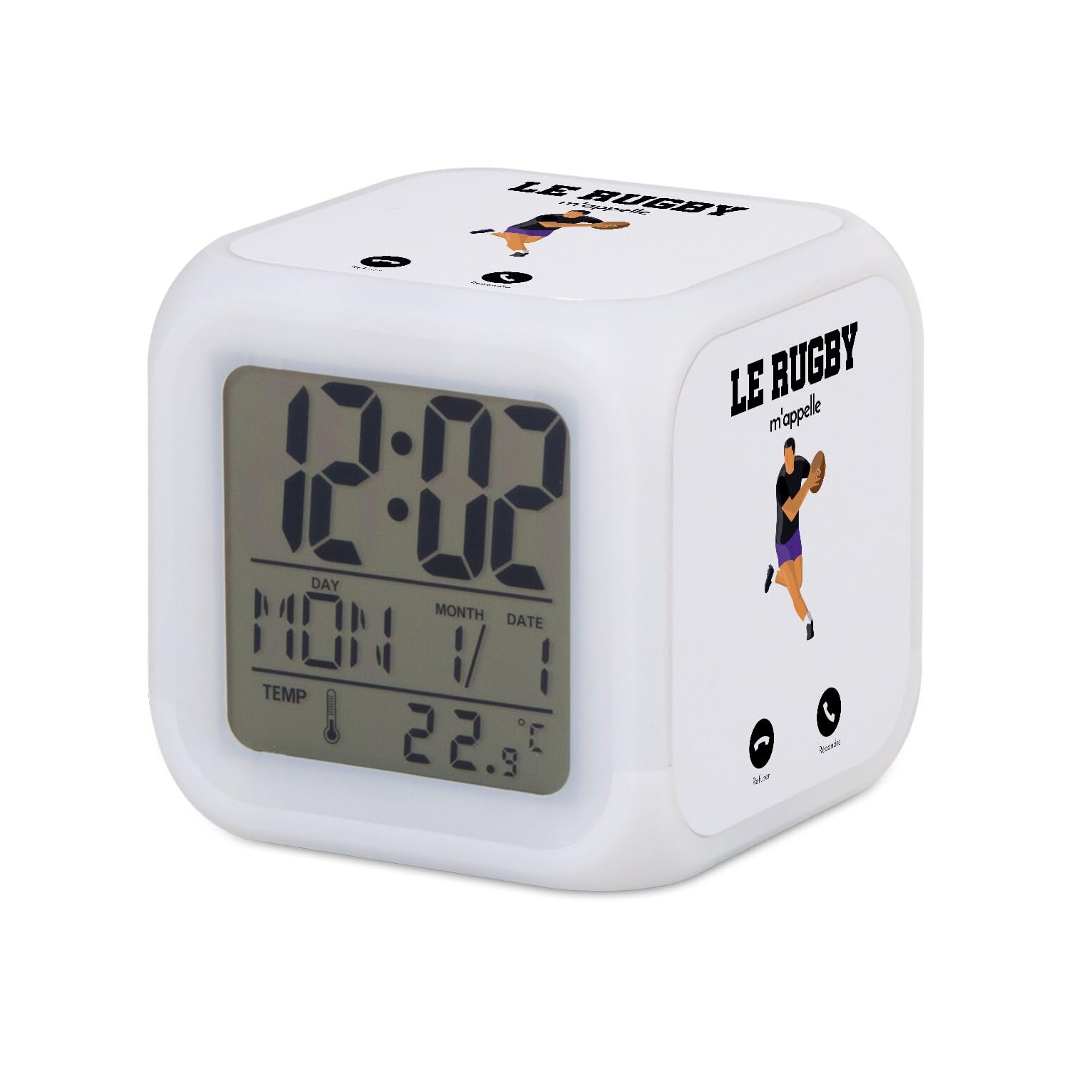 Fabulous LED Light Up Cube Alarm Clock – Rugby Me Calls Sport Passion – 8 x 8 x 8 cm – Retro Multi-Coloured Lighting