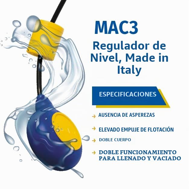 Interruptor de Flotador MAC3 para Bomba Sumergible – Flotador eléctrico 5 m, regulador de Nivel de Agua para depósitos, pozos, cisternas – Fabricado en Italia