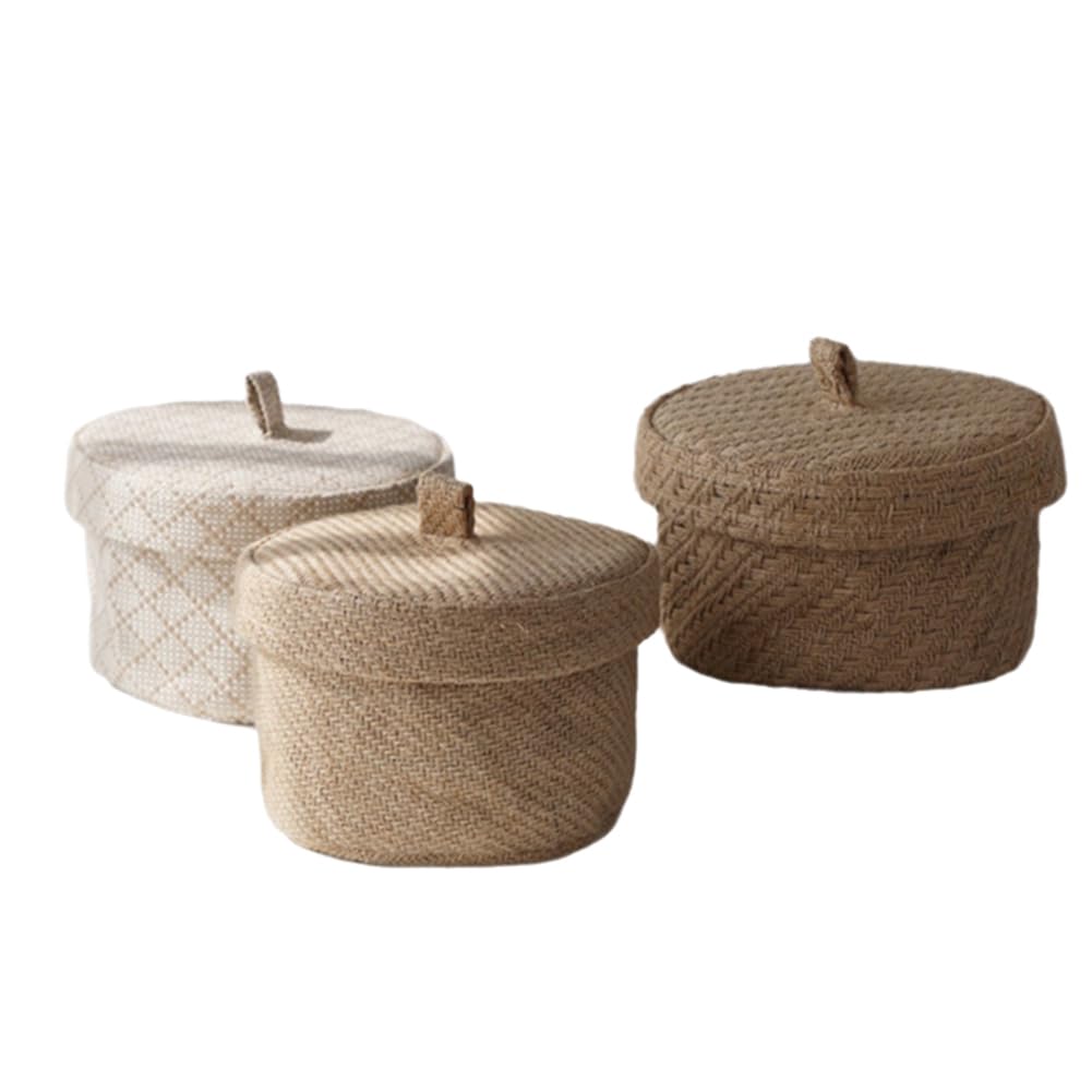 CTRLZS Wicker Seagrass Flower Pot Boxes Sundries Storage Baskets with Lids Weaving Snack Storage Box Wardrobe Table Round