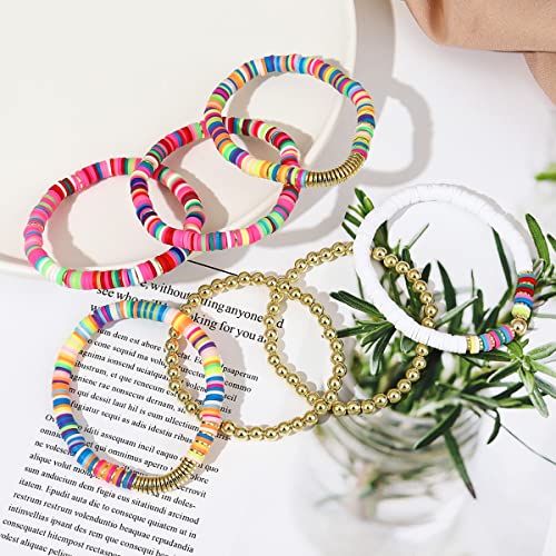 Colorful Beaded Bracelets For Women Heishi Bracelets Set Assorted Gold Bead Bracelets Set Stackable Vinyl Clay Disc Stretch Strand Bracelet #TOP5