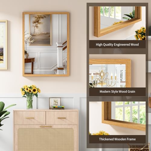 Image of Syndra Natural Wood Frame Bathroom Mirror, 22x30'' Modern Vanity Mirror for Wall, Waterproof Slim Deep Frame, Rectangular HD Tempered Glass Mirror for Living Room, Bedroom, Entryway, Rustic, Farmhouse