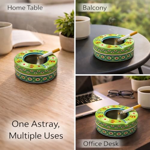 Image of iHandikart Handpainted Ash Tray 4x2 Inch | Metal Ashtray for Home, Table & Car Use | Multicolour Decorative Ashtray | Handmade Smoking Accessories for Indoor & Outdoor Use (Green)