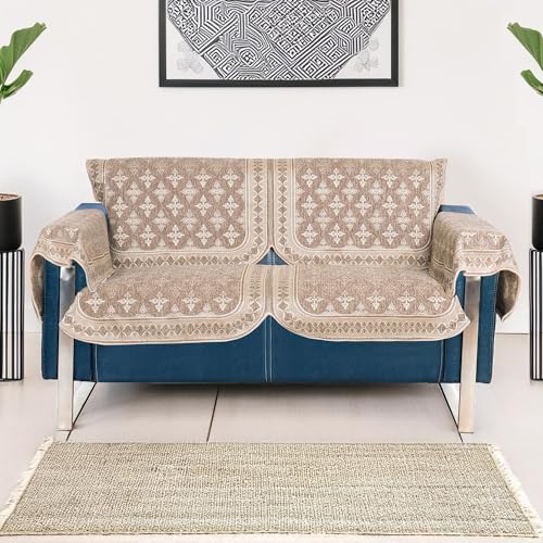Image of Premium Chenille Woven Anti-Slip 2 Seater Sofa Cover with Arm Rest | L-Shape Sofa Seat Protector for Living Room | Durable & Stylish Slipcover - Copper Brown - Floral