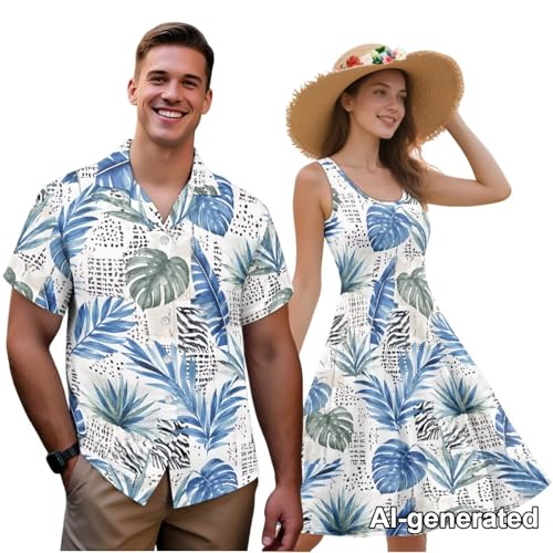 Image of Hawaii Matching Couple Outfits Husband and Wife Clothing Fashionable Mens Casual Shirts Hawaii Dress with Soft Fabric