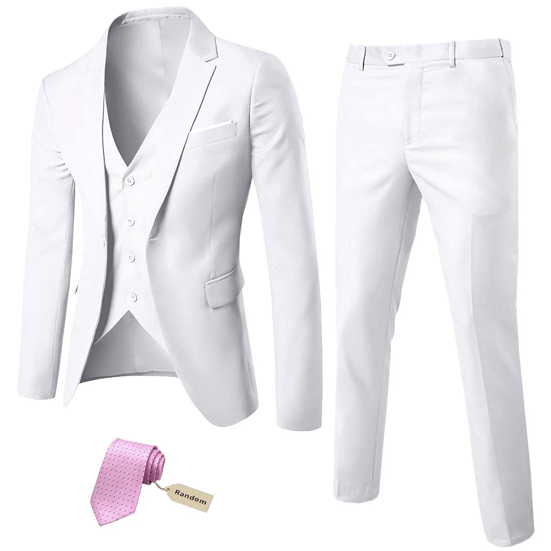 MYS Men's 3 Piece Slim Fit Suit Set, One Button Solid Jacket Vest Pants with Tie White, Natural White, XS