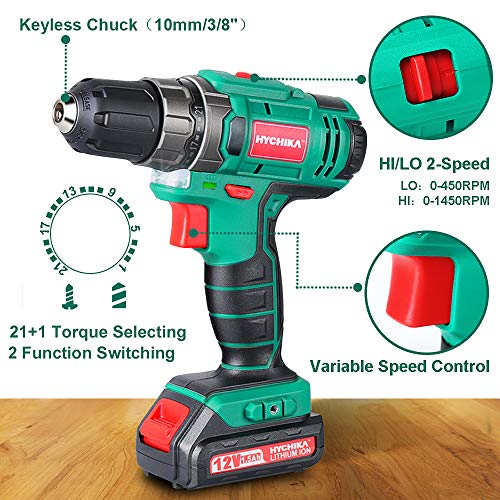 Akkuschrauber 12V, HYCHIKA Akku Bohrschrauber 30N·m Max. Drehmoment mit 1500mAh Akku, 1H Schnellladung, 4PCS Flachbohrer, 6PCS Spiralbohrer, 6PCS Schraubenbits, 5PCS Steckschlüsseleinsatz, Tragetasche - 5
