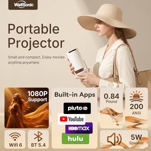 Image of Mini Projector with Wifi and Bluetooth, 1080P Portable Projector with 5W Speaker, Auto Vertical Keystone&180 Rotatable, 200Ansi Moive Proyector for Outdoor Bedroom