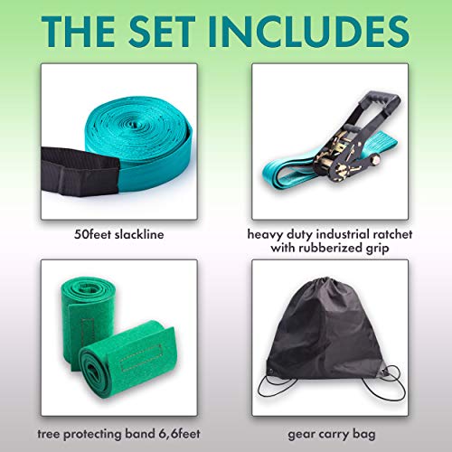 Slackline für Gleichgewichtstraining 50 ’mit Hochleistungs-Industrieratsche, Baumschutzband und Tragetasche - Slack Lines für den Garten - Ninja Slackline Support -Geschenkset für Kinder (Türkis)