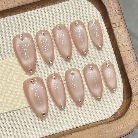 NBHUZEHUA 10PCS Naked Pink Press on Nails Medium Almond Fake Nails Cat Eye Manicure Rhinestone Press on Nails Luxury Handmade Nail Art for Women Press on Nails L Size(Press on Nails55, L size) Cover