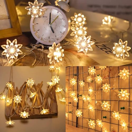 Image of Xenith 14 LED Double Silicone Lotus Flower Fairy String Decorative Lights for Diwali Christmas Tree Home Balcony Bedroom Navratri Ganpati Valentine Decoration (Warm White, 3.5 Meter)