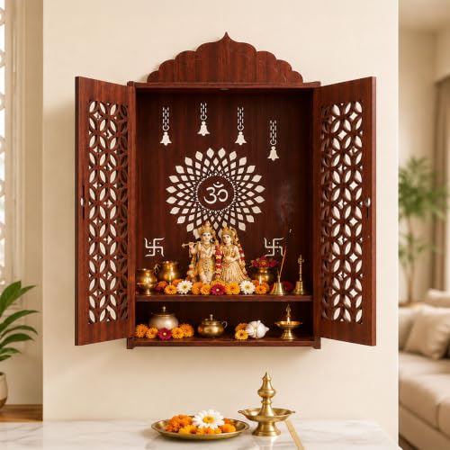 Image of The Castle Decor Wooden Mandir for Home, Premium MDF Home Temple with Double Doors for Pooja Room, Wall Hanging & Tabletop Temple, Matte Finish, 16.5 x 24.5 x 10.5 Inch