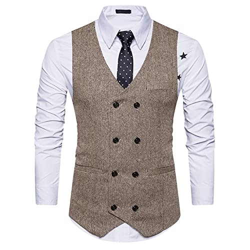 Lu's Chic Men's Double Breasted Waistcoat Fitted Sleeveless Suit Vest Cotton Business Formal Top