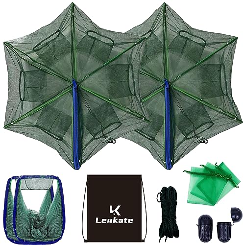 Leukate Collapsible Fishing Bait Minnow Trap - Durable Fish Trap Net for Minnow Crab Crayfish Shrimp Fish Trap Net - Designed for Minnows and Beyond (Blue 6-Hole-2Pic)
