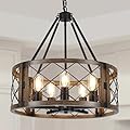 CWarmozy 5-Light Farmhouse Chandelier 19.8" Black and Brown Rustic Chandelier for Dining Room Wood Texture Adjustable Pendant Light Fixture for Kitchen Island Entryway Bedroom Hallway
