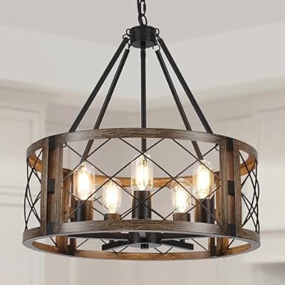 CWarmozy 5-Light Farmhouse Chandelier 19.8" Black and Brown Rustic Chandelier for Dining Room Wood Texture Adjustable Pendant Light Fixture for Kitchen Island Entryway Bedroom Hallway