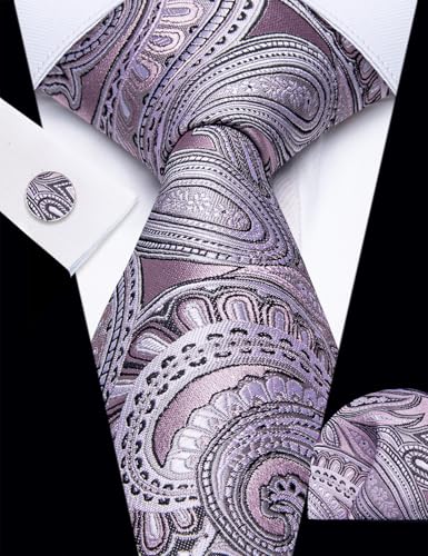 Image of YourTies Silk Paisley Floral Tie and Pocket Square Cufflinks with Lapel Pin Sets for Men 5PC Wedding Party