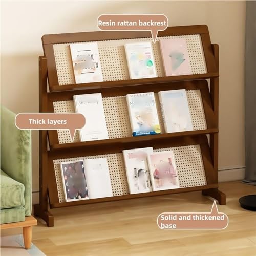 3-Tier Rattan Book Rack & Bamboo Magazine Holder, Multi-Purpose Floor Display Stand for Office & Living Room - T-Leg Design for Enhanced Stability (53 cm)