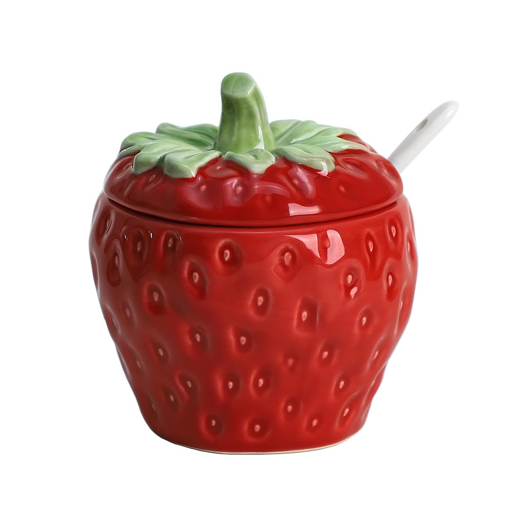 WAIT FLY Strawberry Ceramic Sugar Bowl with Lid, Sugar Container, Sugar Salt Pepper Storage Jar for Kitchen Countertop, Coffee Bar