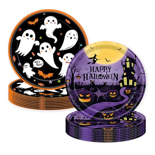 Image of 50Pcs Halloween Paper Plates Party Supplies White Ghost Paper Plates 7 inch