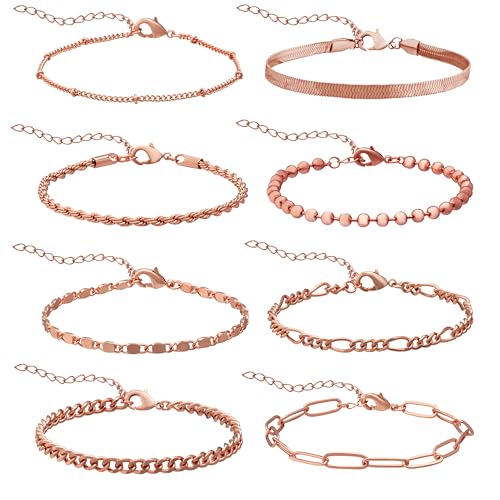 GUJOXILA 8pcs Rose Gold Bracelets for Women Ladies Rose Gold Plated Bracelet Set Adjustable Stack Layered Dainty Link Chain Bracelets for Girls
