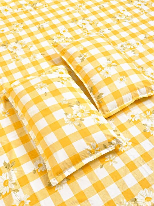 Image of 350 TC Premium Heavy Cotton Feel Elastic Fitted Bedsheet King Size with 2 Pillow Covers | All Around Elastic | Soft & Breathable Double Bed Sheet | (YellowCheck, Fitted Queen-60x78)
