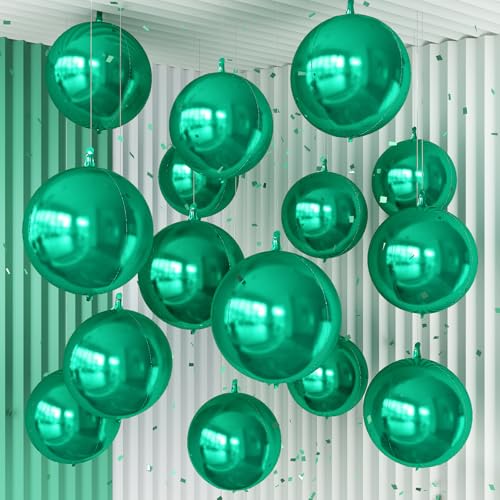 Image of 14 Pcs Green Round Foil Balloons 22 /15 /10 Hunter Emerald Forest Green Metallic 4D Ball Balloon Ornament Mylar Balloon Chrome Birthday Grad Wedding Anniversary Safair New Year Disco Party Decor