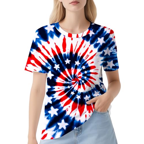 DMPROD Womens Red White and Blue Tie Dye Shirt Short Sleeve Fourth of July American Flag Tees USA Patriotic T Shirts for Women Large