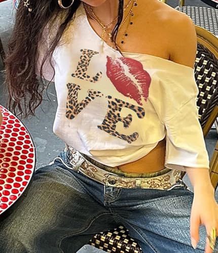 Off The Shoulder Cute Shirts for Women Oversized Tshirt Y2k Graphic Tee Lips Print Baggy Shirts Vintage Tops3