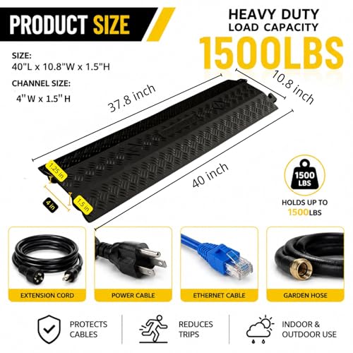 Image of 2 Pack Black Drop Over Cable Cover Ramp 37.8 x 10.8 x 1.5 Inch, Heavy Duty Cable Hose Protector Ramp with 1 Big Channel, High Load Capacity for Indoor Use, Office, Warehouse & Event Areas